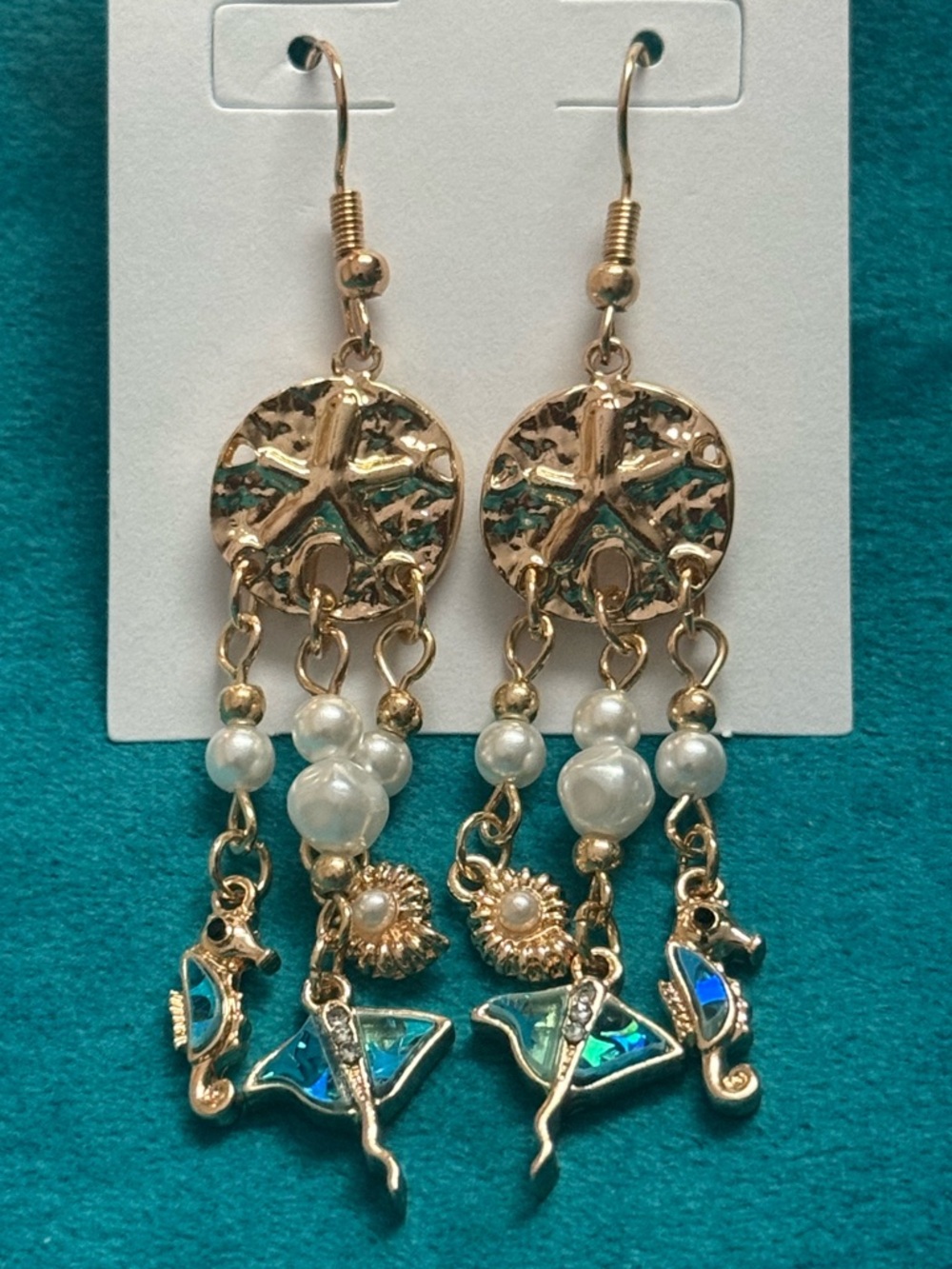 Gold Turquoise Multicolor Beach Charm Dangle Earrings with Pearls